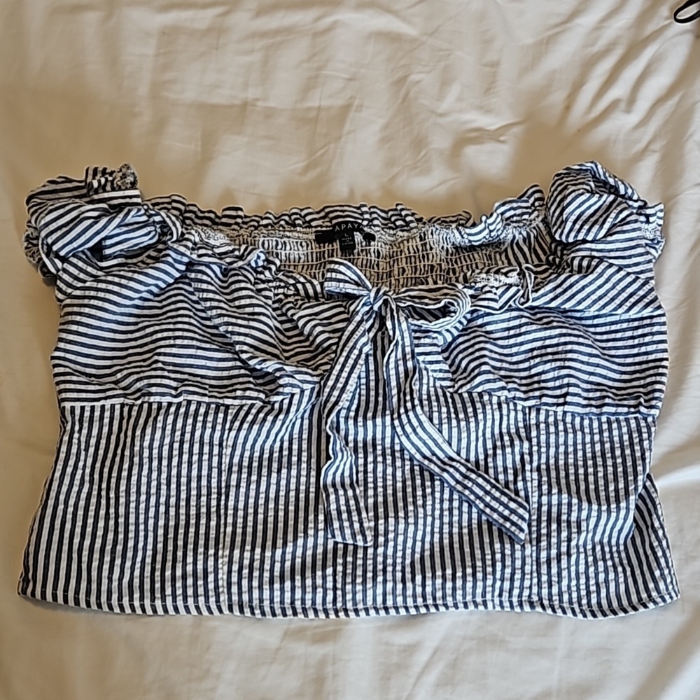 Off Shoulder Blue and White Stripped Crop Top Size L